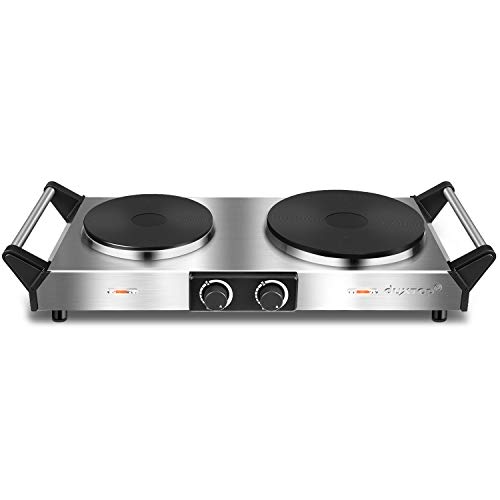 Duxtop Hot Plate, Portable Electric Cooktop Cast Tron Stovetop, Stainless Steel Electric Double Burner with Handles, Adjustable Temperature Control