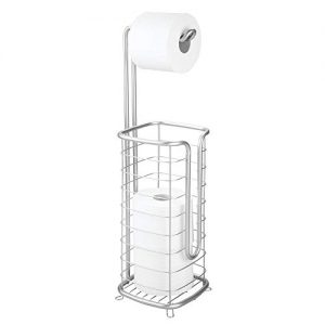 mDesign Metal Free Standing Toilet Paper Holder Stand and Dispenser, with Storage for 3 Spare Rolls of Toilet Tissue While Dispensing 1 Roll for Bathrooms/Powder Rooms - Holds Mega Rolls - Chrome