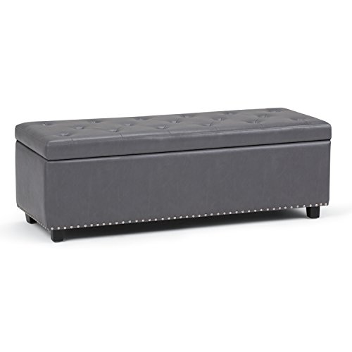 Simpli Home Hamilton 48 inch Wide Rectangle Lift Top Storage Ottoman in Upholstered Stone Grey Tufted Faux Leather with Large Storage Space for the Living Room, Entryway, Bedroom, Traditional