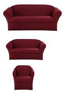 Sapphire Home 3-Piece SlipCover Set for Sofa Loveseat Couch Arm Chair, Form fit Stretch, Wrinkle Free, Furniture Protector Cover Set for 3/2/1 Cushion, Polyester Spandex, 3pc Slipcover, Burgundy