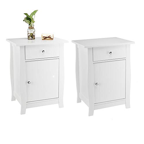 Bonnlo Set of 2 Nightstand End Side Table with Storage Drawer and Cabinet for Bedroom, Living Room, Kid's Room, White