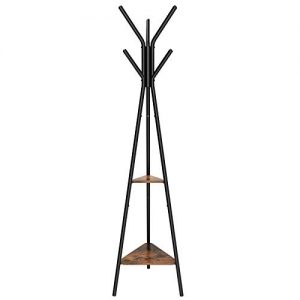 SONGMICS Coat Rack Stand, Coat Tree, Hall Tree Free Standing, Industrial Style, with 2 Shelves, for Clothes, Hat, Bag, Black, Vintage URCR16BX