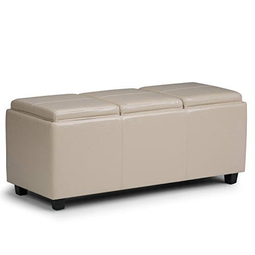 Simpli Home Avalon 42 inch Wide Rectangle Storage Ottoman with 3 serving trays in Upholstered Satin Upholstered Cream Faux Leather, Coffee Table for the Living Room, Bedroom, Contemporary