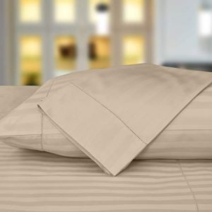 Threadmill Home Linen 500 Thread Count Damask Stripe 100% ELS Cotton Sheets, Set of 2 Standard Pillowcases, Luxury Bedding, Smooth Stripe Sateen, Beige