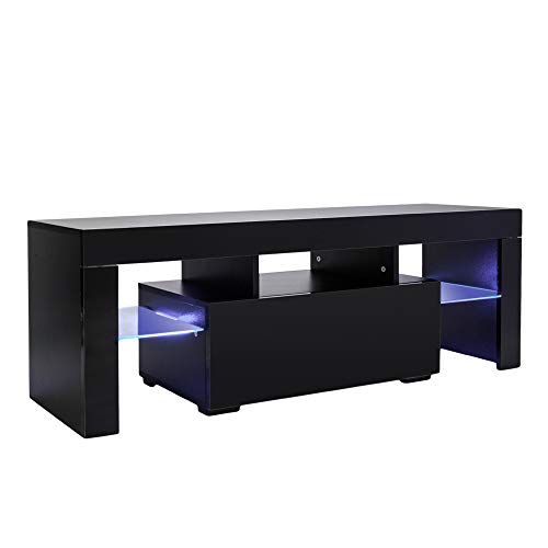 Mecor Modern Black TV Stand with LED Light, High Gloss TV Stand for 50/55 Inch TV LED TV Stand with Drawer Console Table for Living Room (Black)