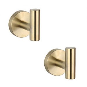 GERZ Bathroom Brushed Gold Coat Hook SUS 304 Stainless Steel Single Towel/Robe Clothes Hook for Bath Kitchen Contemporary Hotel Style Wall Mounted 2 Pack,