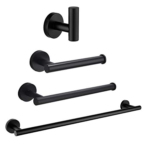 Nolimas 4-Pieces Set Matte Black Bathroom Hardware Set SUS304 Stainless Steel Round Wall Mounted - Includes 23.6"&13.5" Hand Towel Bar,Toilet Paper Holder, Robe Towel Hooks,Bathroom Accessories Kit