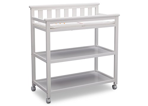 Delta Children Flat Top Changing Table with Wheels and Changing Pad, Bianca White