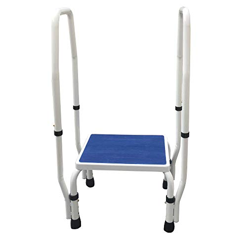 AdjustaStep(tm) DoubleSafe Deluxe Step Stool/Footstool with Dual Handle/Handrail, Height Adjustable. Modern White/Blue Design. Padded Non-Slip Hand Grips