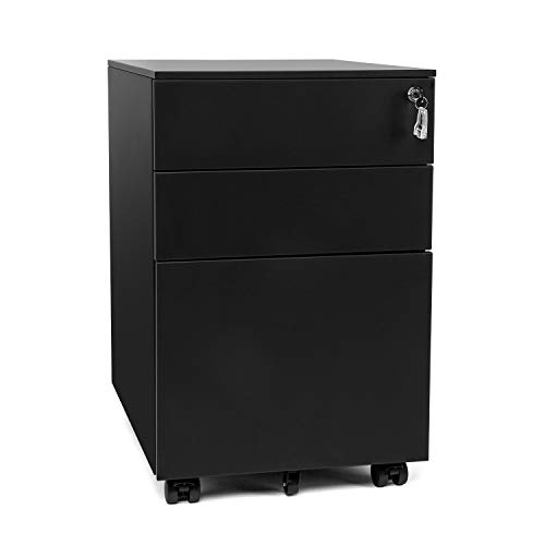 BAHOM Steel File Cabinet Organizer with 3 Drawers, Anti-collapsed Document Storage Box with Lockable Wheels, Fully Assembled - Black