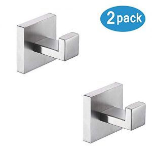 TASTOS Bath Towel Hooks Brushed Nickel, 2 Pack Stainless Steel Robe Coat and Clothes Hook, Heavy Duty Wall Hook for Bathroom & Kitchen, Modern Square Style Wall Mounted (Silver)