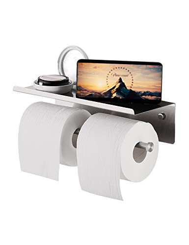 YUMORE Toilet Paper Holder, SUS 304 Stainless Steel Modern Double Roll Tissue Holder with Phone Shelf, Rustproof and Bathroom Washroom Tissue Roll Holder with Stuff Shelf, Brushed Finish
