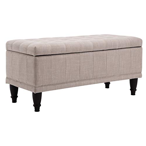 HOMCOM Large 42" Tufted Linen Fabric Ottoman Storage Bench with Soft Close Lid - Cream White