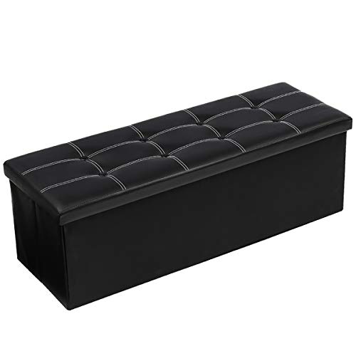 KINGSO Ottoman Storage Seat Bench Foldable Faux Leather Footrest Bed Bench, Toy Chest for Kids, Storage Footrest Padded Seat for Entryway, Bedroom 43inx15inx15in(Black)