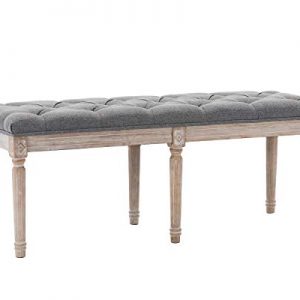 Kmax Upholstered Dining Room Bench, Rustic Living Room Ottoman Bench with Carved Pattern & Rustic White Brushed Rubber Wood Legs, Gray