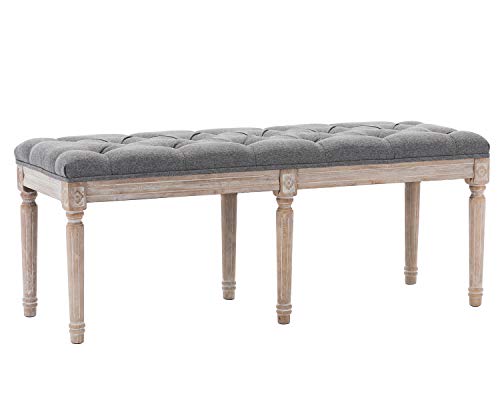 Kmax Upholstered Dining Room Bench, Rustic Living Room Ottoman Bench with Carved Pattern & Rustic White Brushed Rubber Wood Legs, Gray