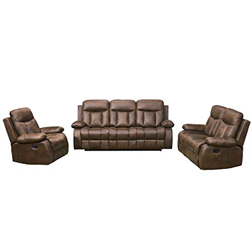 Betsy Furniture 3-PC Microfiber Fabric Recliner Set Living Room Set in Brown, Sofa Loveseat Chair Pillow Top Backrest and Armrests 8028 (Living Room Set 3+2+1)