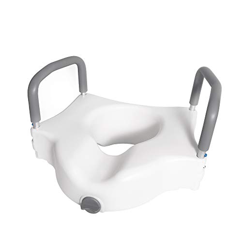 Vaunn Medical Elevated Raised Toilet Seat and Commode Booster Seat Vaunn Medical Elevated Raised Toilet Seat &amp; Commode Booster Seat Riser with Removable Padded Grab bar Handles &amp; Locking Mechanism.