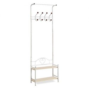 Yaker's collection Coat Rack, Easy Assembly Hall Tree White with 8 Hooks 2-Tier Shoe Shelf, Standing Coat Racks with 4 Adjustable Feet, Entry Hall Tree with Stable Carbon Steel for Coat, Shoe(White)