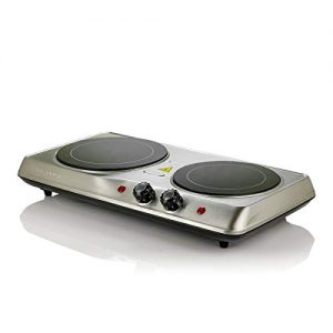 Ovente Electric Glass Infrared Burner 7 Inch Double Hot Plate with Temperature Control, Powerful 1700 Watts with Fire Resistant Metal Housing, Indicator Light, Compact and Portable, Silver (BGI102S)