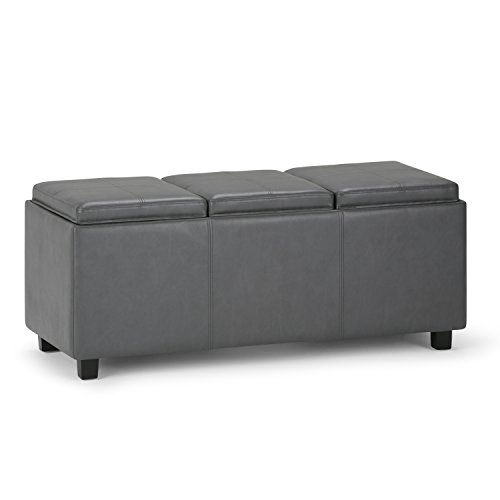 Simpli Home Avalon 42 inch Wide Rectangle Storage Ottoman in Upholstered Stone Grey Faux Leather, Coffee Table for the Living Room, Bedroom, Contemporary