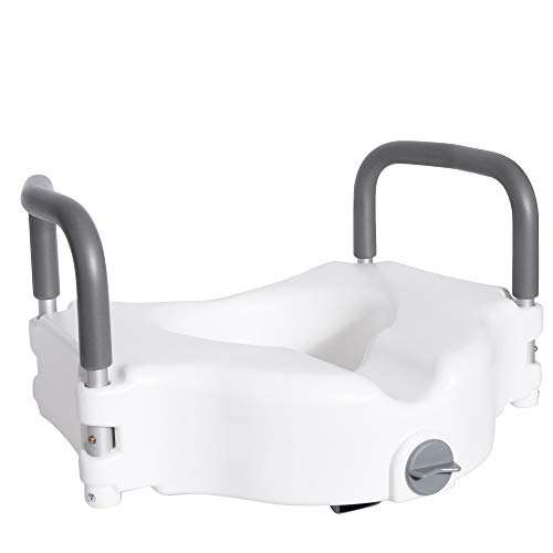 Vaunn Medical Elevated Raised Toilet Seat and Commode Booster Seat Vaunn Medical Elevated Raised Toilet Seat and Commode Booster Seat Riser with Removable Padded Grab Bar Handles and Locking Mechanism.