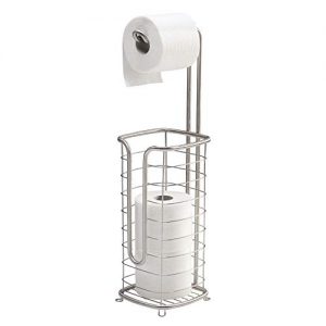 mDesign Free Standing Toilet Paper Holder Stand and Dispenser, with Storage for 3 Spare Rolls of Toilet Tissue While Dispensing 1 Roll - for Bathrooms/Powder Rooms - Holds Mega Rolls - Brushed Silver