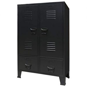 H.BETTER Wardrobe Metal Industrial Style 26.4"x13.8"x42.1" Black with 2 Doors/2 Drawers/2 Hanging Bars Bedroom Armoire Closet Storage Organizer