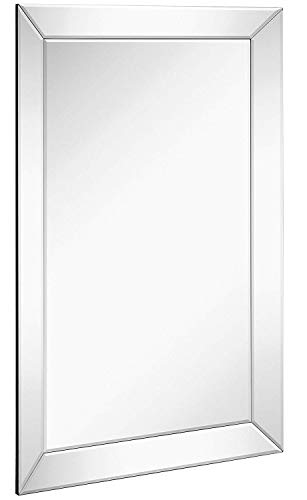 Large Framed Wall Mirror with Angled Beveled Mirror Frame | Premium Silver Backed Glass Panel Vanity, Bedroom, or Bathroom | Luxury Mirrored Rectangle Hangs Horizontal or Vertical (24" x 36")