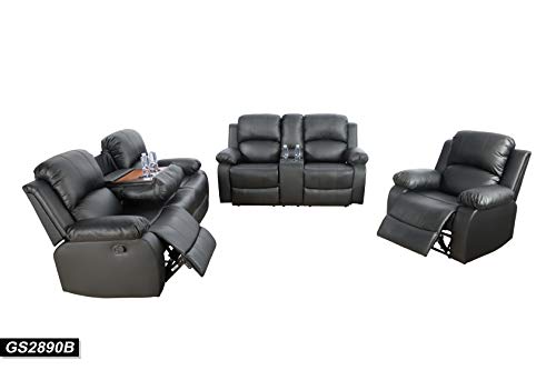3-Items Reclining Residing Room Couch Set Way of life Furnishings 3-Items Reclining Residing Room Couch Set, Drop Down Desk, Bonded Leather-based, Black(LS2890B-3PC)