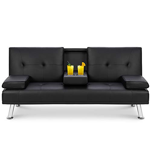 Walsunny Modern Faux Leather Couch, Convertible Futon Sofa Bed for Living Room with Armrest & Fold Up & Down Recliner Couch with Cup Holders - Black