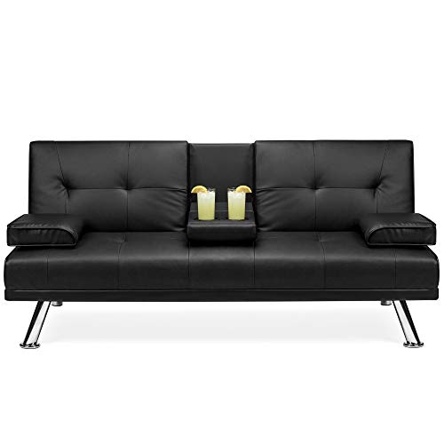 Best Choice Products Modern Faux Leather Convertible Futon Sofa Bed Recliner Couch w/Metal Legs, 2 Cup Holders - Black