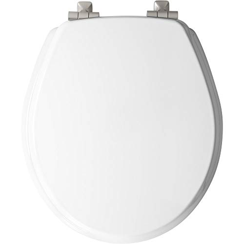 MAYFAIR Benton Toilet Seat with Brushed Nickel Hinges will Slow Close MAYFAIR 26NISL 000 Benton Toilet Seat with Brushed Nickel Hinges will Slow Close and Never Come Loose, ROUND, Durable Enameled Wood, White.