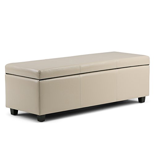 Simpli Home Avalon 48 inch Wide Rectangle Lift Top Storage Ottoman Bench in Upholstered Satin Upholstered Cream Faux Leather with Large Storage Space for the Living Room, Entryway, Bedroom