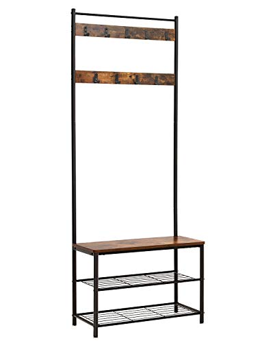 VASAGLE Industrial Coat Rack, Hall Tree Entryway Shoe Bench, Storage Shelf Organizer, Accent Furniture with Metal Frame