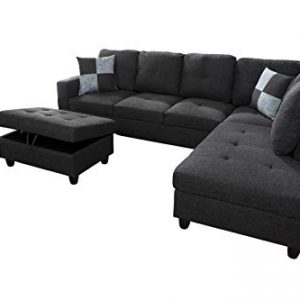AYCP Fine Furniture Sectional Sofa Couch,L-Shaped Modern Style w/Storage Ottoman 3-Piece for Living Room|Linen Upholstery|(2) Toss Pillows(Right Hand Facing, Black)
