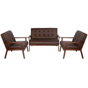JIASTING Mid Century 1 Loveseat Sofa and 2 Accent Chairs Set Modern Wood Arm Couch and Chair Living Room Furniture Sets (8428 Brown Set)