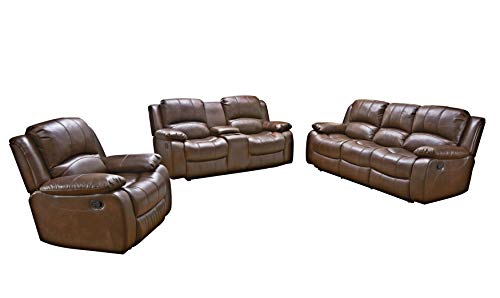 Betsy Furniture 3PC Bonded Leather Recliner Set Living Room Set, Sofa Loveseat Chair Pillow Top Backrest and Armrests 8018 (Brown, Living Room Set 3+2+1)
