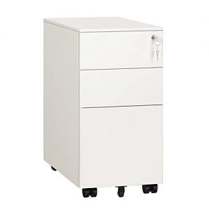 DEVAISE 3 Drawer Mobile File Cabinet with Lock, Narrow Metal Filing Cabinet for Legal/Letter/A4 Size, Fully Assembled Except Wheels, White