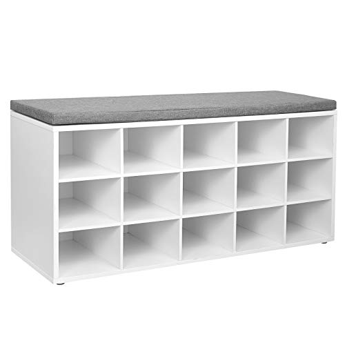 VASAGLE Shoe Bench with Cushion, 15-Cube Storage Bench, Holds up to 440 lb, White ULHS15WT