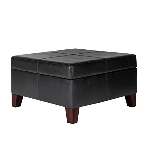 HomePop Faux Leather Square Storage Ottoman Coffee Table with Wood Legs, Black