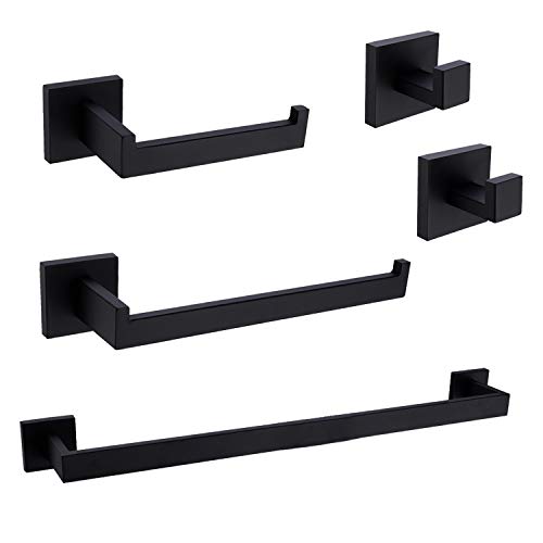 TRUSTMI Contemporary 5-Pieces Bath Hardware Set Towel Bar Robe Hook Toilet Roll Paper Holder, SUS 304 Stainless Steel Wall Mounted, Matte Black