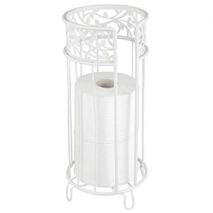 mDesign Decorative Free Standing Toilet Paper Holder Stand with Storage for 3 Rolls of Toilet Tissue - for Bathroom/Powder Room - Holds Mega Rolls - Durable Metal Wire - White