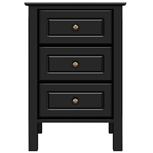 YAHEETECH Wood 3-Drawer Nightstand with Solid Pine Wood Legs Bedroom Furniture, Black