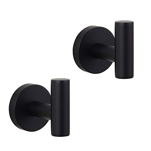 GERZ Bathroom Matte Black Coat Hook SUS 304 Stainless Steel Single Towel/Robe Clothes Hook for Bath Kitchen Contemporary Hotel Style Wall Mounted 2 Pack