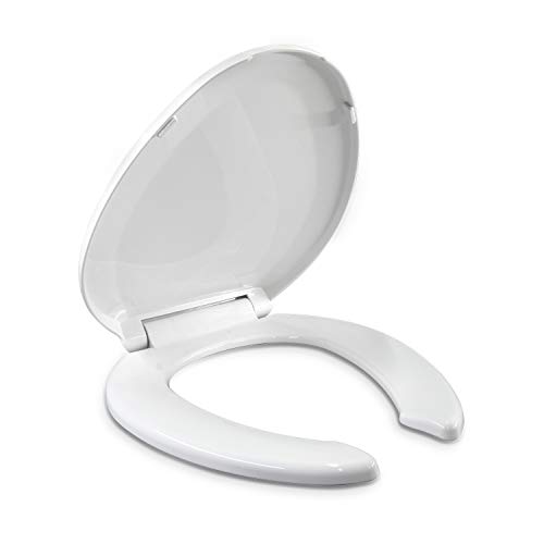 Elongated Toilet Seats, Slow Close Hinge with Lid, Open Front, Made of Heavy Duty Plastic, For Rental or Commercial Use, Oval, White