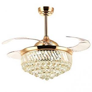 SILJOY Dimmable Ceiling Fan with Lights Retractable Blades Invisible Crystal Chandelier Fan Led Ceiling Light Kit for Bedroom Living room Gold 36"