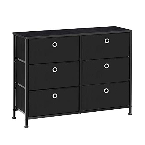SONGMICS 3-Tier Wide Drawer Dresser, Storage Unit with 6 Easy Pull Fabric Drawers, Metal Frame, and Wooden Tabletop, for Closet, Nursery, Dorm Room, Hallway, 31.5 x 11.8 x 24.8 Inches, Black ULTS23H