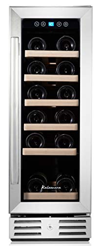 Kalamera, 12'' Wine Cooler, 18 Bottle Built-in or Freestanding Kalamera 12'' Wine Cooler 18 Bottle Constructed-in or Freestanding with Stainless Metal &amp; Double-Layer Tempered Glass Door and Temperature Reminiscence Operate.