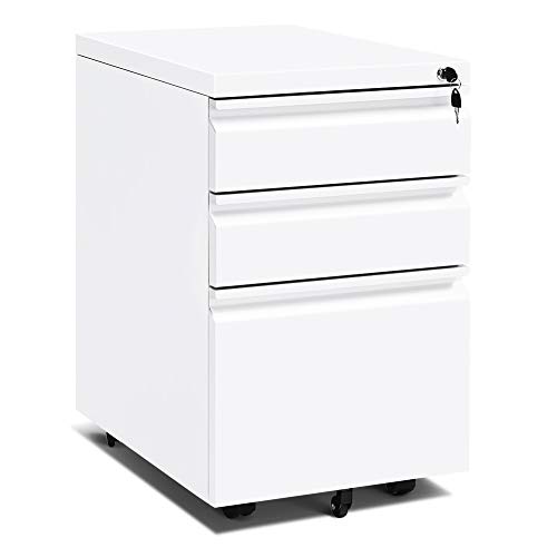 White Mobile 3 Drawer Filing Cabinet 26 Inch Locking Rolling File Cabinet with 5 Wheels Pedestal Filing Cabinet for Office Home Metal White A